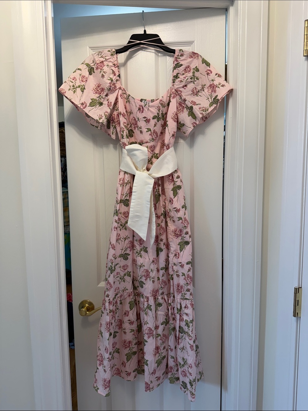 TCEC Pink Floral Maxi Dress with Cream Waist Tie